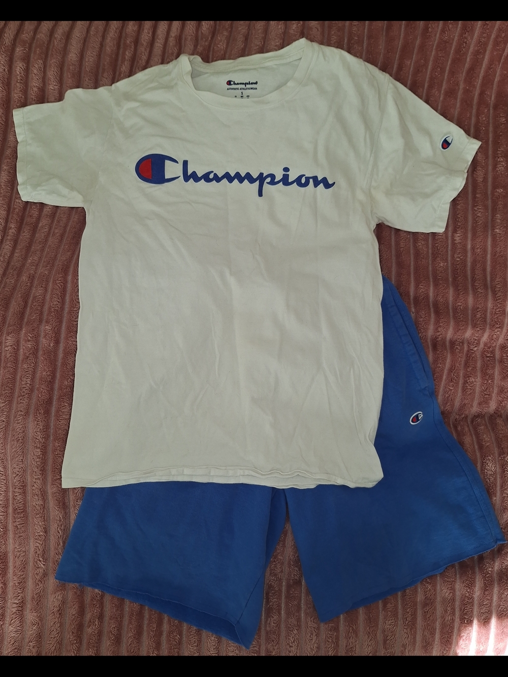 Champion White Logo Tee with Blue Shorts Set